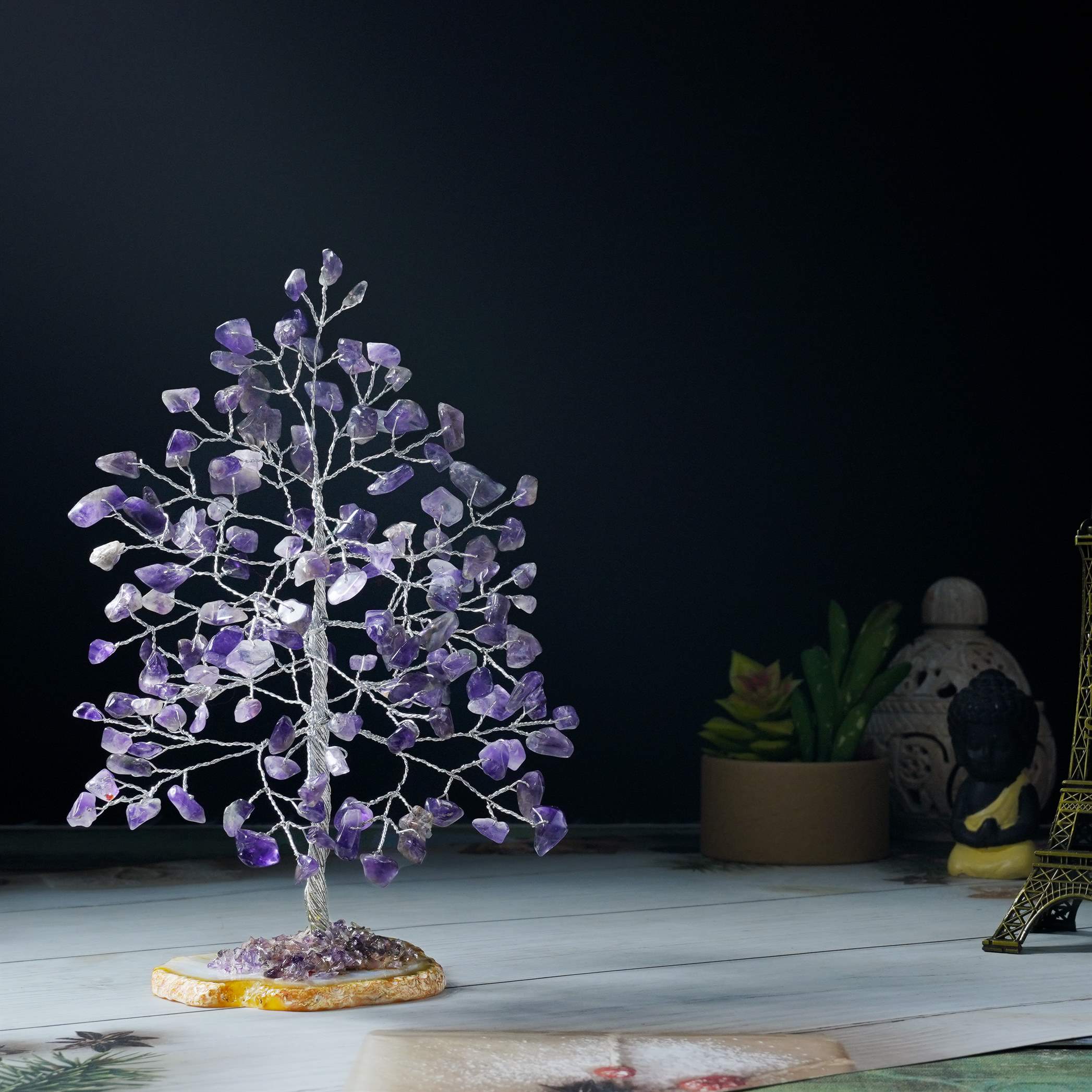 Amethyst Crystal Tree – Agate Slice Base for Calmness, Healing & Elegant Home Décor