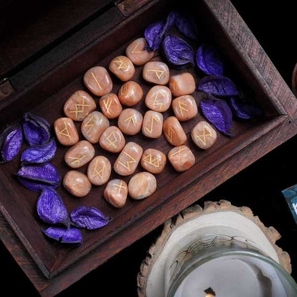 Peach moonstone rune stones set engraved