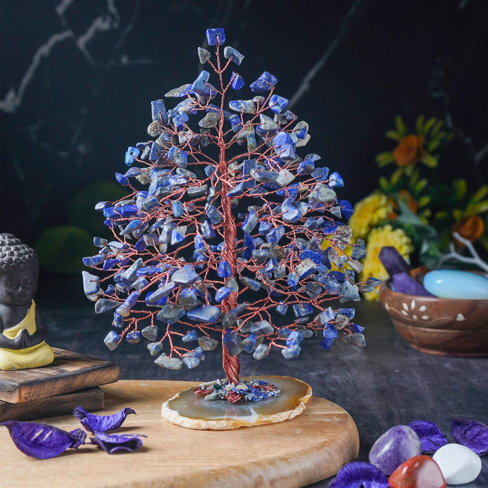 Lapis Lazuli Chakra Crystal Tree with Geode Agate Base – Good Luck Gift for Elegant Home Office Décor