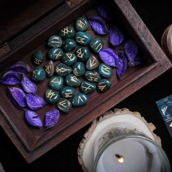 Green Bloodstone Rune Stones Set Engraved