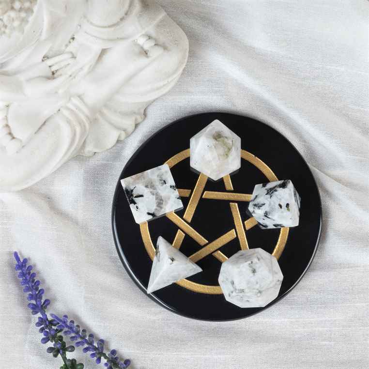 Rainbow Moonstone Platonic Solids Crystal Geometry Set (15-20 mm)
