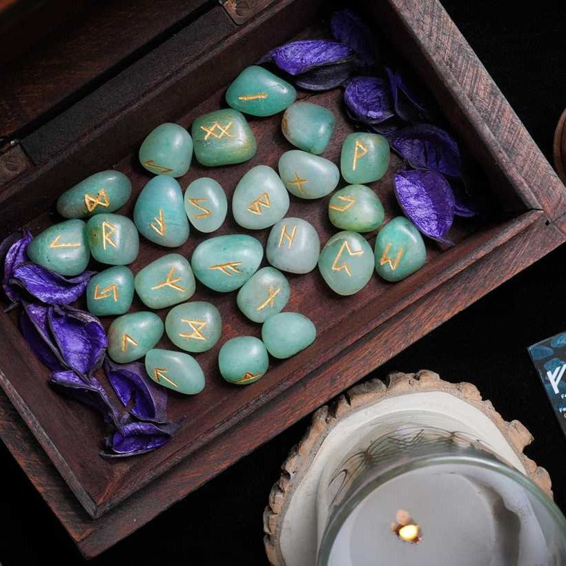 Green Aventurine Rune Stones Set Engraved