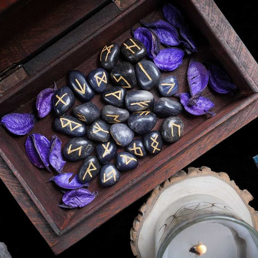 Blue Jade Rune Stones Set Engraved