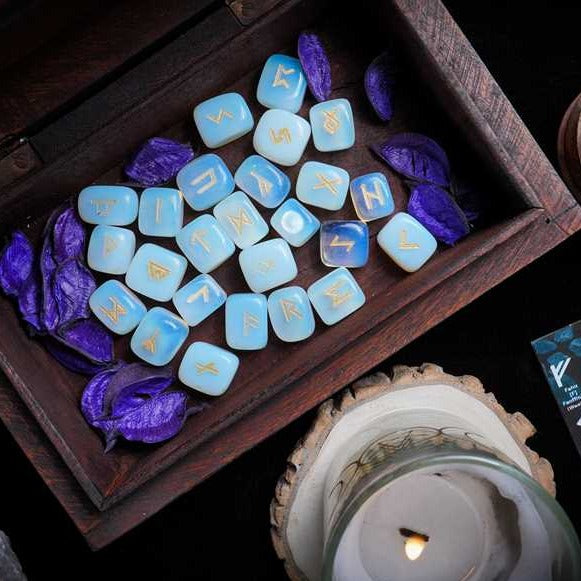 Opalite Gemstone Engraved Rune Stones Set (25 Pcs)