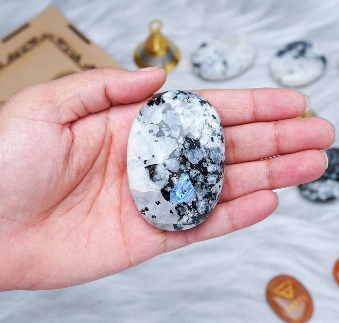 Rainbow Moonstone Crystal Palmstone (Enhance Intuition, Promote Emotional Balance)