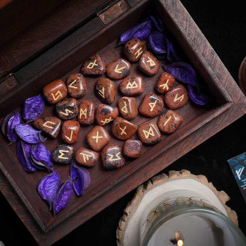 Mahogany Obsidian Rune Stones Set Engraved
