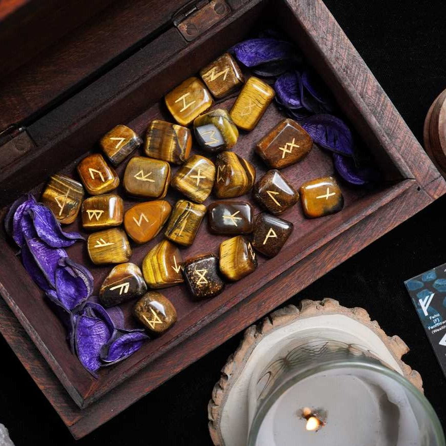 Tiger Eye Gemstone Tumbled Rune Stones 25 pcs Runes Set